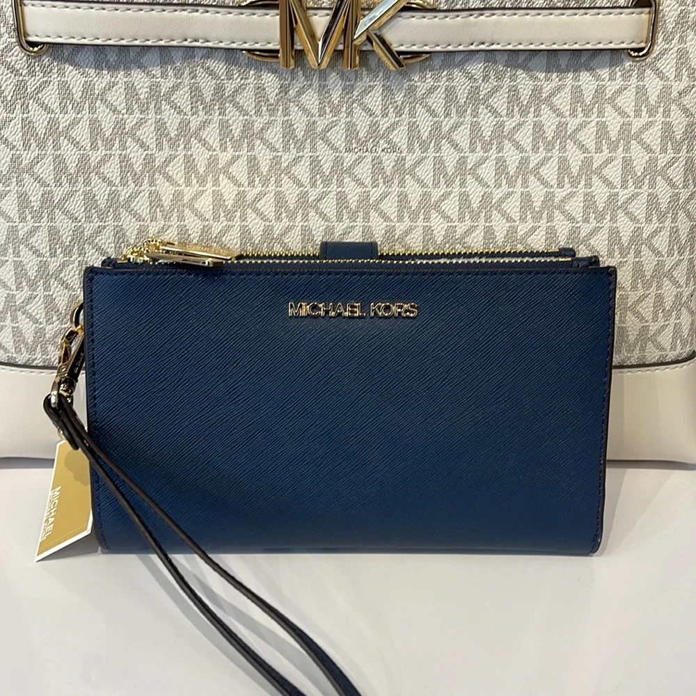 MICHAEL KORS LARGE DOUBLE ZIP WRISTLET WALLET PHONE CASE Navy NWT